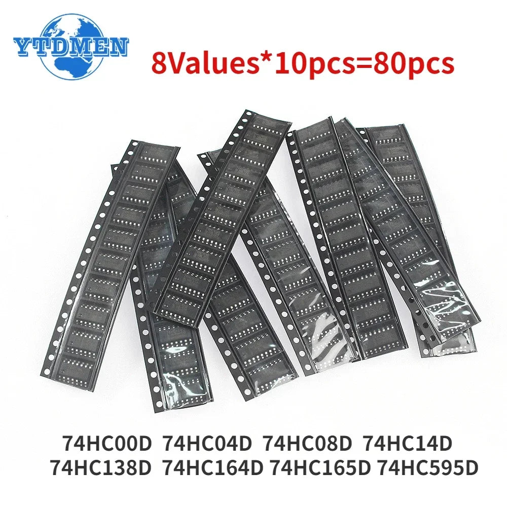 80PCS 74HC SMD Logic IC Electronic Component Kit 74HC00D 74HC04D 74HC08D 74HC14D 74HC138D 74HC164D 74HC165D 74HC595D IC Chip Set