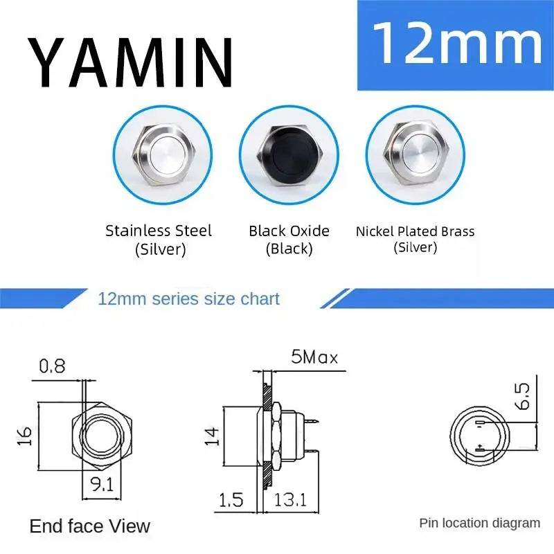 5pcs 12/16/19/22/25/30mm Ultra Short Electric Waterproof Power Reset Momentary Pressure Mini Push Button Switch Silver Black