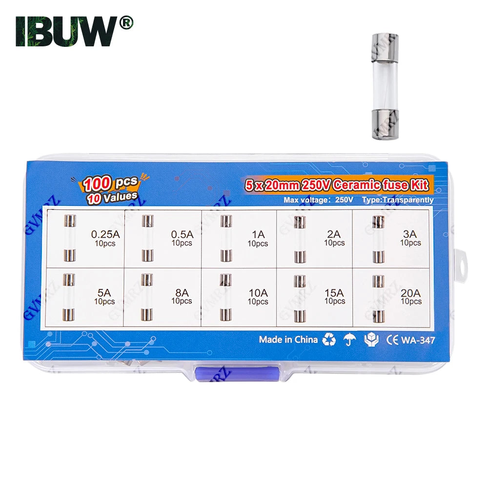 100pcs 5x20mm Quick Blow Glass Tube Fuse Assorted Kit Amp 0.25A 0.5A 1A 2A 3A 5A 8A 10A 15A 20A 250V with Storage Box