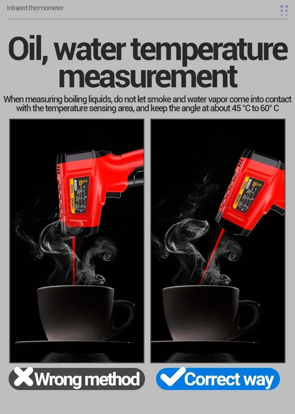 Infrared Thermometer ANENG Non-contact -50~600℃ Digital Laser Temperature Meter TH202 LCD Display Pyrometer Point Gun Tester