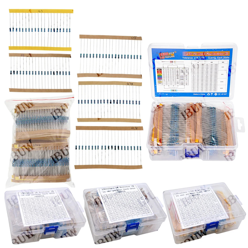 1W 2W 1/4W 1/8W 1/2W Metal Film Resistor Kit 130 Values 0.125W 0.25W 0.5W 1% Resistance Assortment Assorted Set Box
