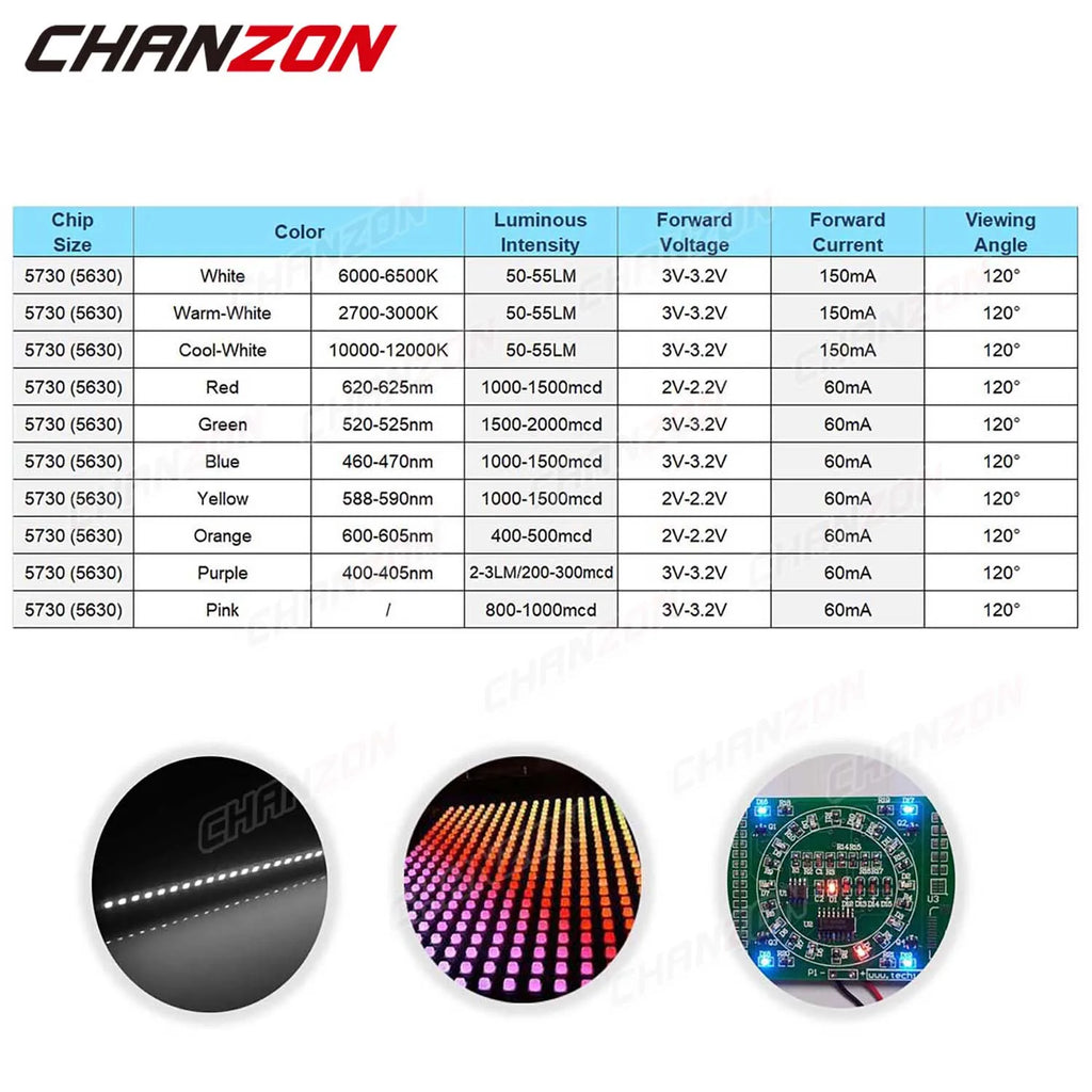 100Pcs SMD 5730 5630 LED Diode Chip 0.1W 0.2W 0.5W Warm White Red Green Blue Yellow Orange UV Purple Pink Light Beads Emitting