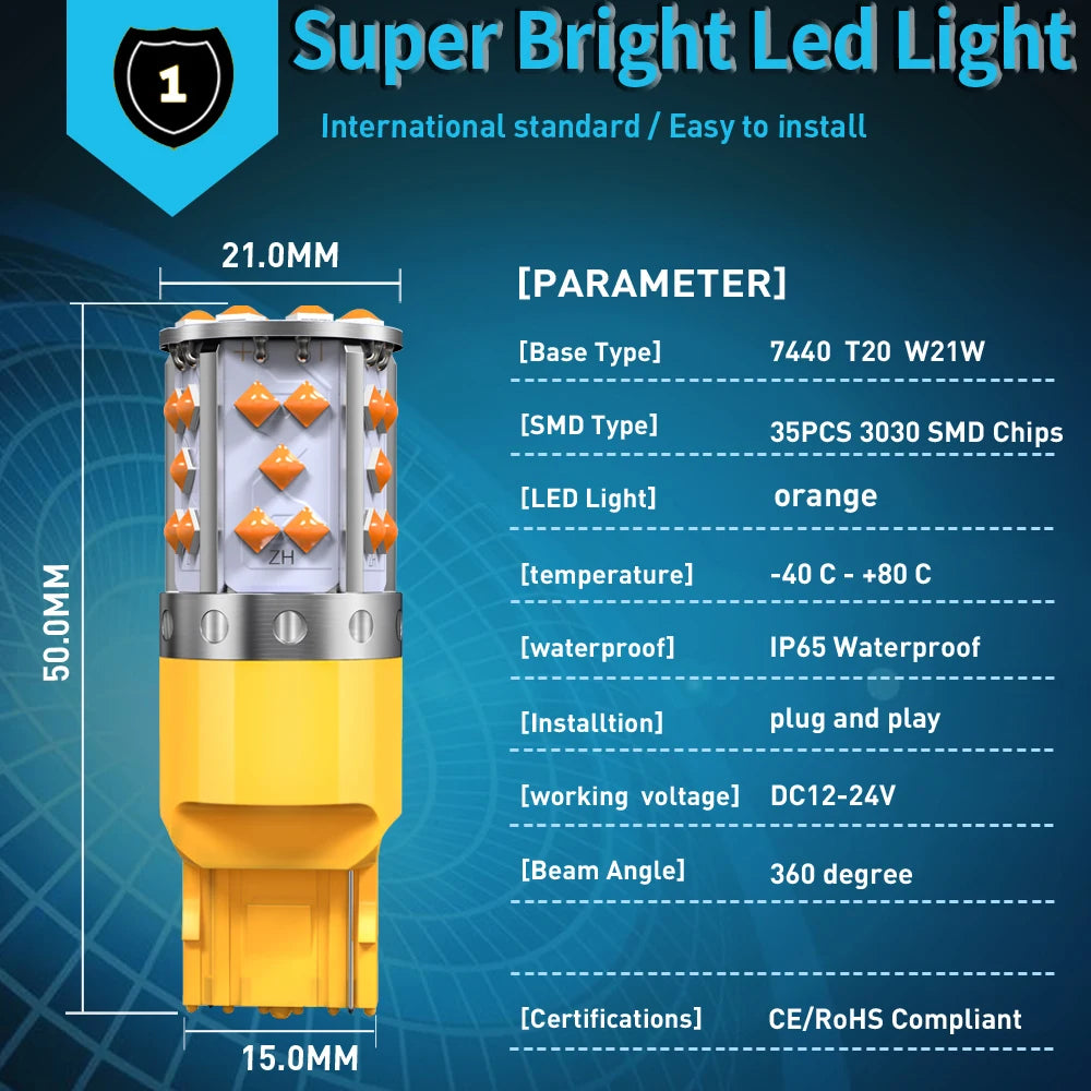 2Pcs WY21W LED Canbus No Error No Hyper Flash Turn Signal Lights Bulb 3030 SMD T20 7440 W21W 1156 BA15S LED Lamp 12V Orange