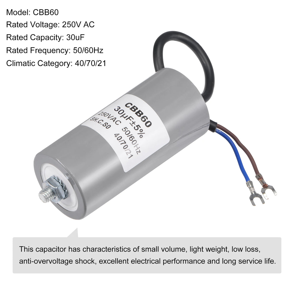 1Pcs CBB60 Run Capacitor 30-50uF 250V AC 2Wire 50/60Hz Cylinder with Terminal M8 Fixing Stud for Air Compressor Water Pump Motor