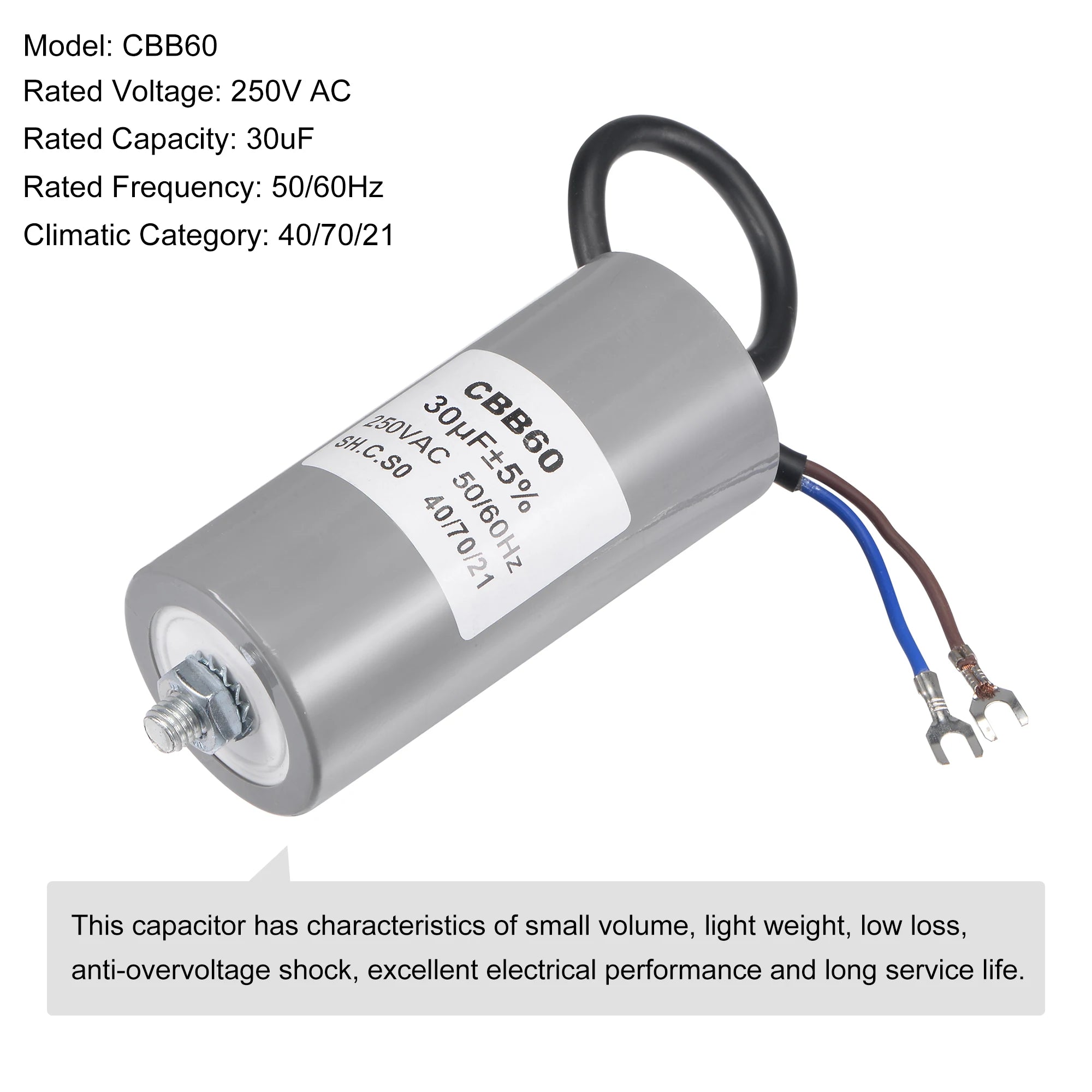 1Pcs CBB60 Run Capacitor 30-50uF 250V AC 2Wire 50/60Hz Cylinder with Terminal M8 Fixing Stud for Air Compressor Water Pump Motor