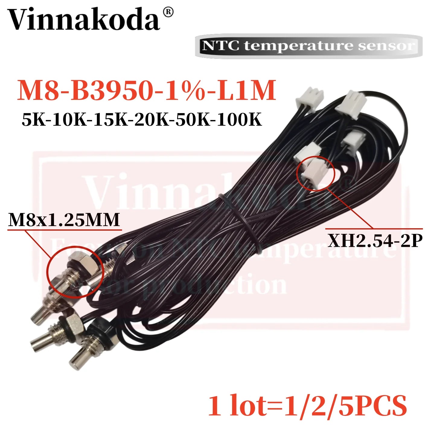 1/2/5PCS M8 Hexagonal Probe NTC Thermistor Temperature Sensor M8x1.25MM Thread B3950 5/10/15/20/50/100K L1M