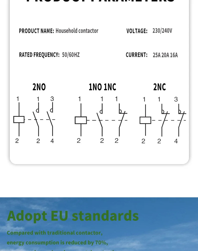 Modular Household Contactor 220V ICT 2P 16A 20A 25A 2NC 2NO 1NO 1NC 50/60Hz