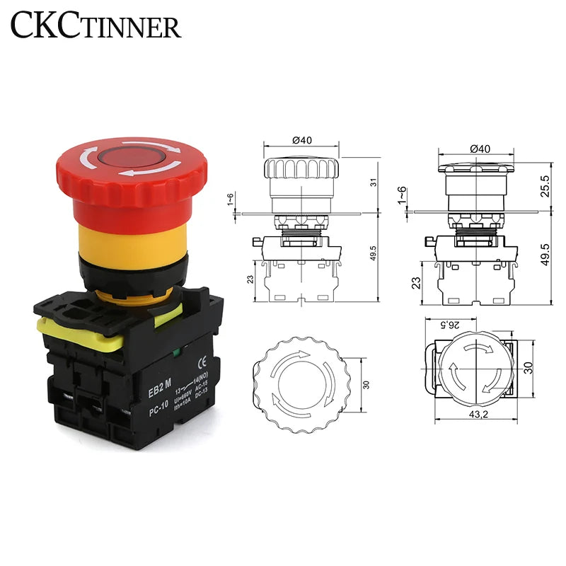 EB2M-C-01ZS Mushroom Cap Emergency Stop Rotary Switch 22mm Waterproof 10A Current Self-locking Button With lamp 10A AC 660V
