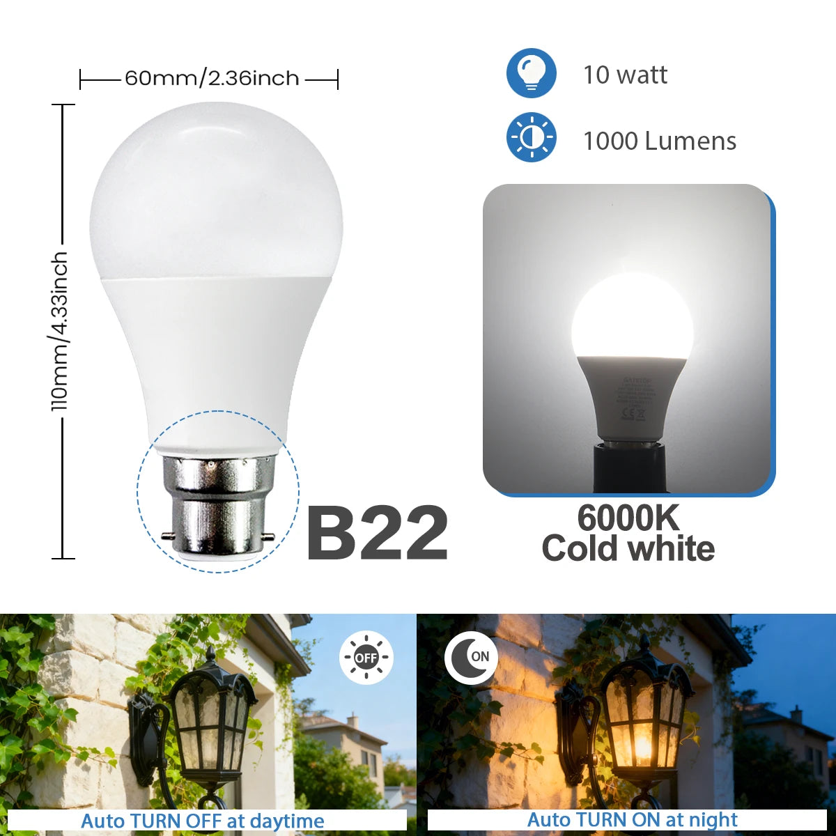 2Pack Led Sensor Control Bulb B22 E27  Bulb Light Dusk To Down AC100-240V 1000lm 10W 3000K-6000K for Underground Garage Corridor