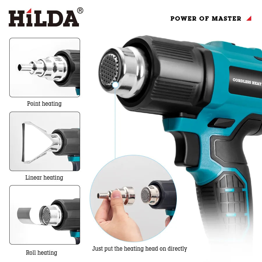 HILDA Cordless Heat Hot Air Gun Temperature Adjustment Electric Shrink Wrapping Tool Dryer With Nozzles for Makita 18V Battery