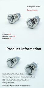 Extended Head 12mm 16mm 19mm 22mm metal push button switch on off power LED light Waterproof circle 3v 6v 12v 24v 110v 220v ip65