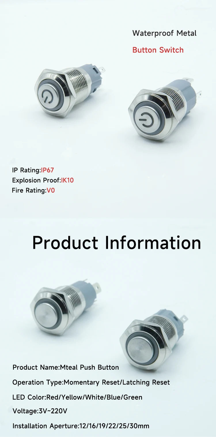 Extended Head 12mm 16mm 19mm 22mm metal push button switch on off power LED light Waterproof circle 3v 6v 12v 24v 110v 220v ip65