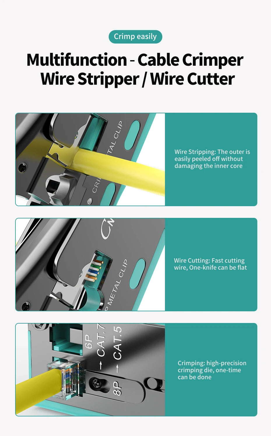 CNCOB RJ45 Pass Through Crimping Tool for Cat8 Cat7 6A Cat6/5e Ethernet Modular Plugs Ends Connectors, All-in-One, RJ11 Crimp