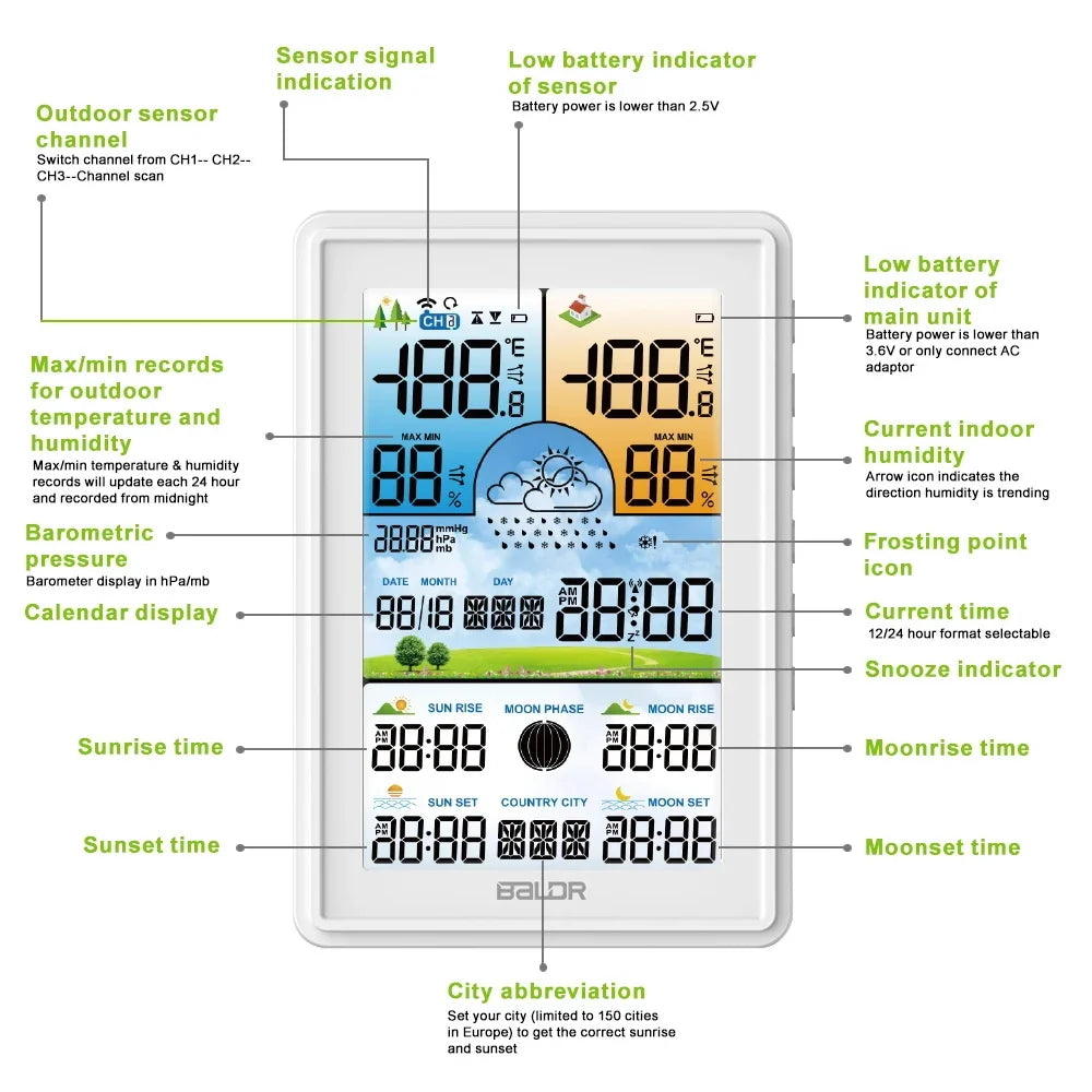 Baldr Wireless Digital Color Display Weather Station Clock Barometer Thermometer Hygrometer Trend Forecast Outdoor Sensor