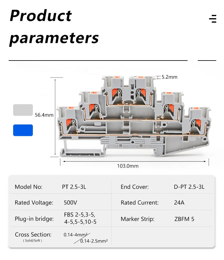 10Pcs PT 2.5-3L Three-Level Terminal Block 2.5mm² DIN Rail Compact Spring Clamp Electrical Connections