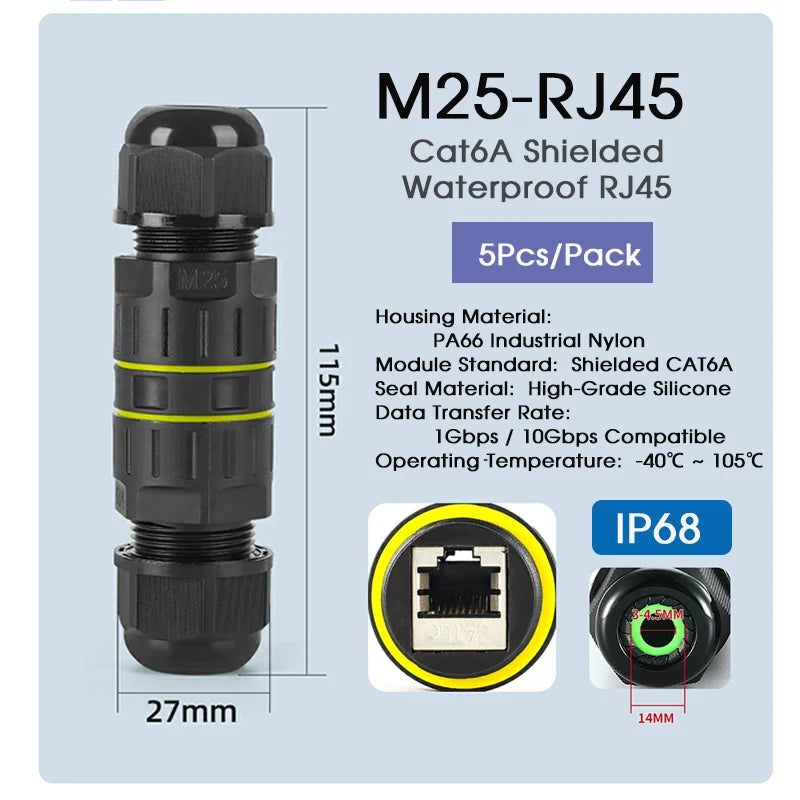 CAT6A IP68 Waterproof RJ45 Coupler Outdoor Ethernet Straight Connector Waterproof Network Adapter for CCTV Camera Monitoring