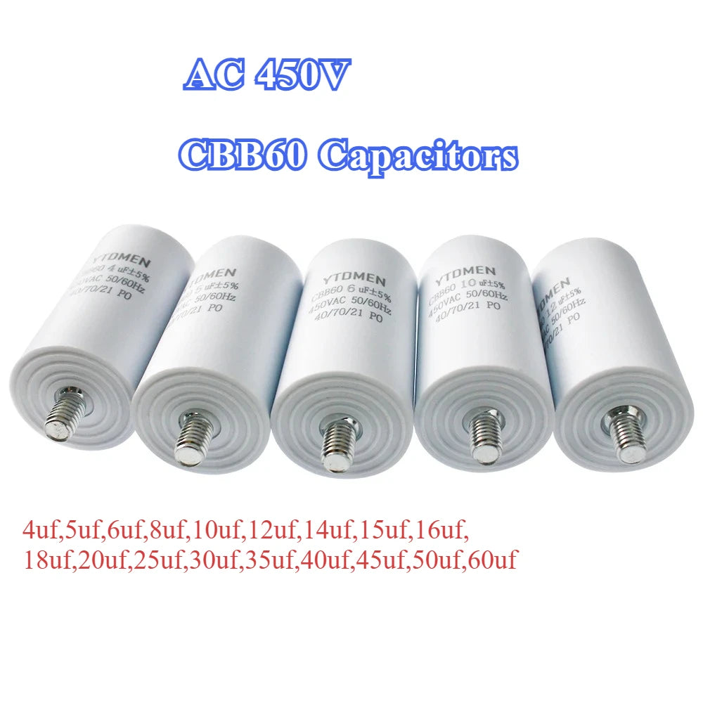 CBB60 Capacitor with Screws AC 450V 4 Pin Dual Insert Motor Run Capacitors 4UF-60UF for Washing Machine Air Water Pump 12uf 16uf