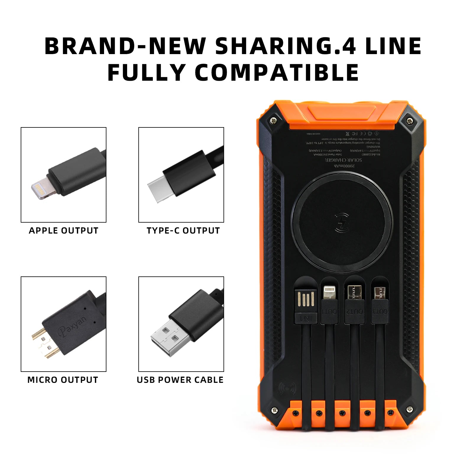 36000mAh Solar Power Bank 18W Wireless Charge With 4 Charging Heads LED Lamp Flashlight for Outdoor Battery Portable