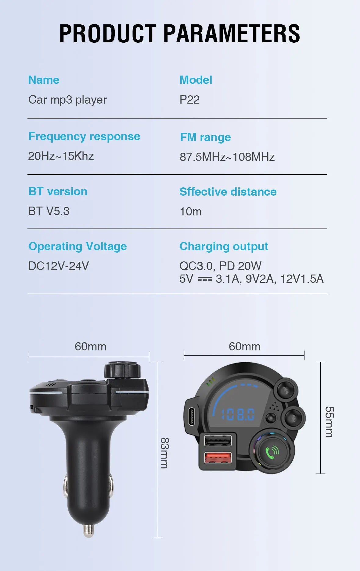 Bluetooth 5.3 FM Transmitter Handsfree Car AUX Radio Modulator MP3 Player with QC3.0 & PD20W Fast Charge Adapter Car Accessories