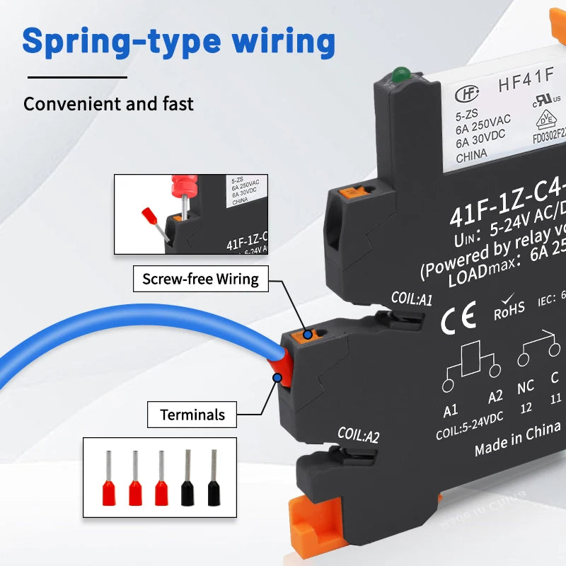 10pcs Slim Relay 5V 12V 24V DIN Rail Mounted Relay Moudle HF 41F SSR 30VDC 250VAC High Frequency Interface Relay With Led 6A
