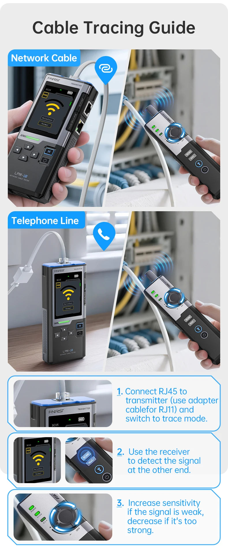 FNIRSI LPM-10A Intelligent Cable Finder RJ45/RJ11 Line Tester LAN Cable Tester Port Flash Anti-interference Network Repair Tool