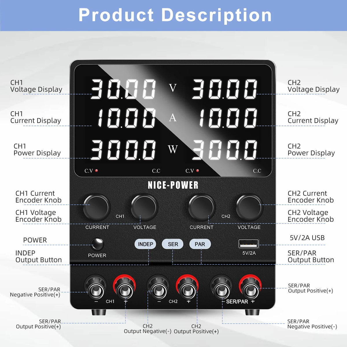 NICE-Power Dual Lab Power Supply 30V 10A Adjustable 3 Channel 60V 120V 240V Digital Bench Power Source Multiple Series Parallel