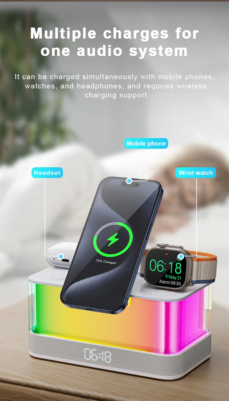 Domars Wireless Charger with Colorful Night Light and Built-In Audio Speaker Supports Fast Charging for Smartphones Earphones