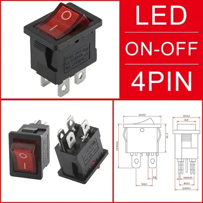 10/30/100 Pcs KCD1 Snap - in Boat Rocker Switch - SPST ON - OFF, 2/3/4 Pin, 250V 6A (AC) / 125V 10A, 2P Toggle Power Snap Switch