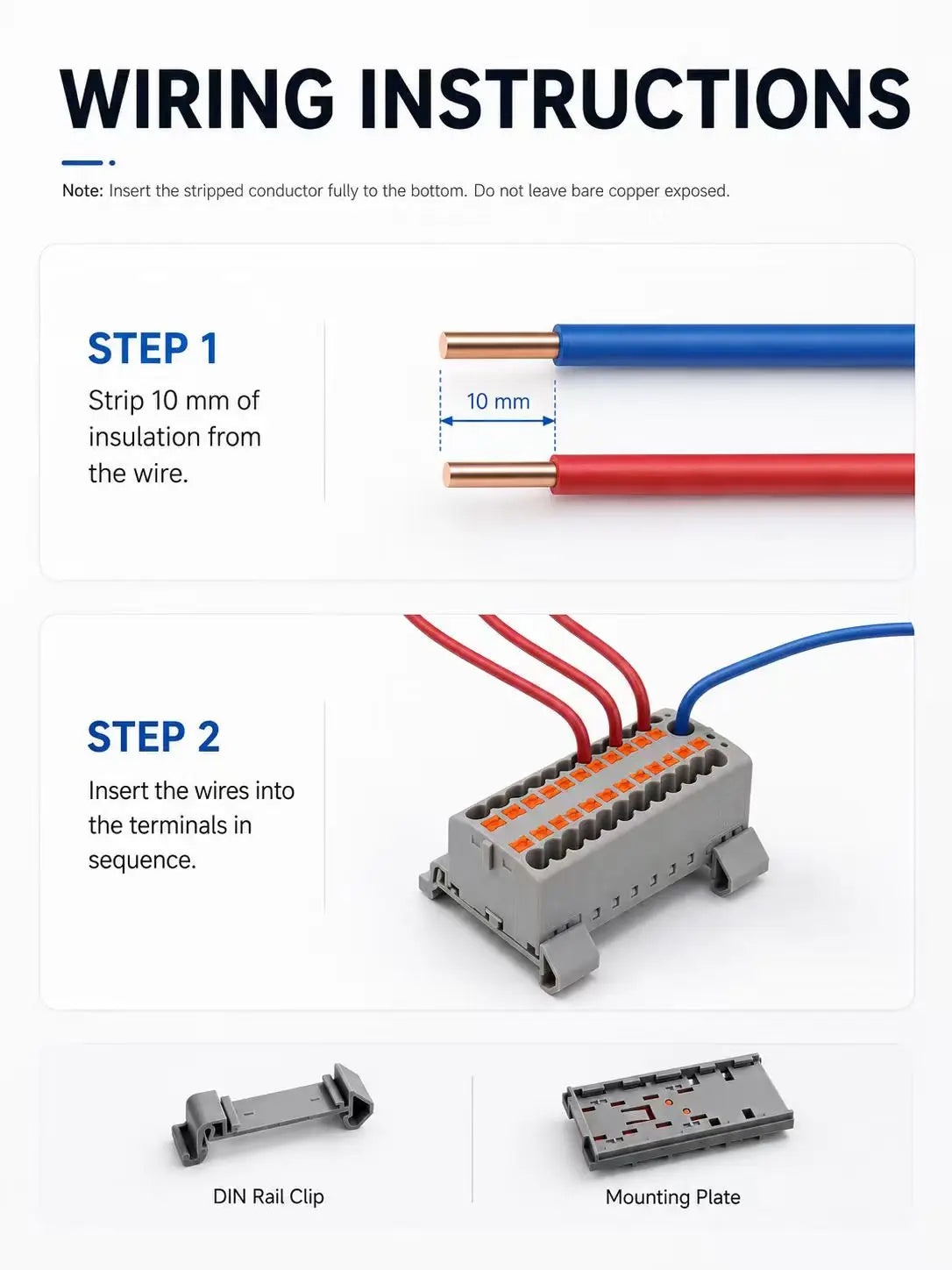 Distribution Terminal Block 1 In 12 Out DIN Rail Push In Electrical Connection Strip 41A 690V Copper Busbar Power Distributor