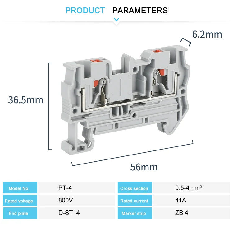 10Pcs PT4 Push-in Terminal Strip Plug PT-4 4mm² Cable Connector Electrical Connect Din Rail Screwless Terminal Block PT 4