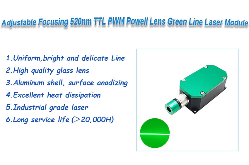 TTL PWM Green Line Laser Diode Module High Brightness Adjustable Focus 520nm 1000mW 1W Powell Lens Long Life Industrial Laser