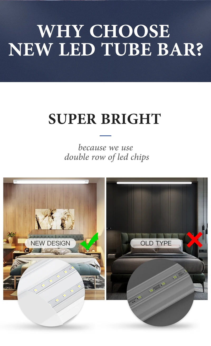 Led Tube Light With Switch Wire 110V 220V 10W 20W Lighting Strip Lamps 30/50cm For  Living Room Bedroom Closet Kitchen Lamp