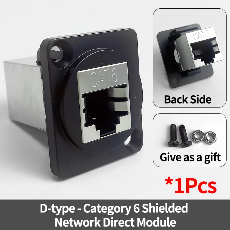 D-type RJ45 Network Module Panel Connector 8P8C Metal Housing Copper Pins Female Socket CAT6 CAT6A Shielded Crimping Module