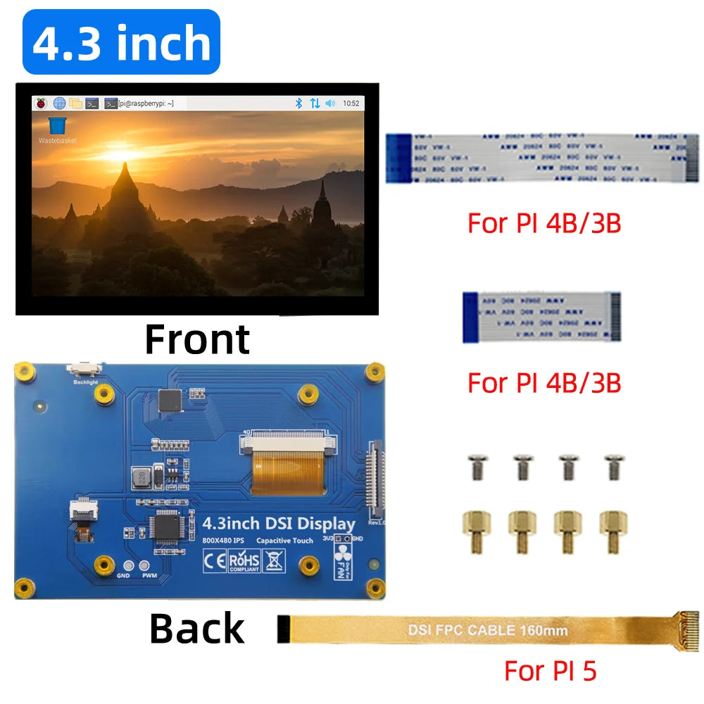 IPistBit 4.3/5/7 Inch DSI Touch Screen LCD Display Portable Capacitive Touchscreen Monitor 800x480 for Raspberry Pi 5 4 3 3B+ 2