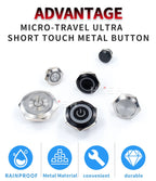 12/16/19/22/25/30mm Short Stroke Mini Waterproof Metal Push Button Switch Power Led Light Momentary 5/12/24/220V Black 1NO