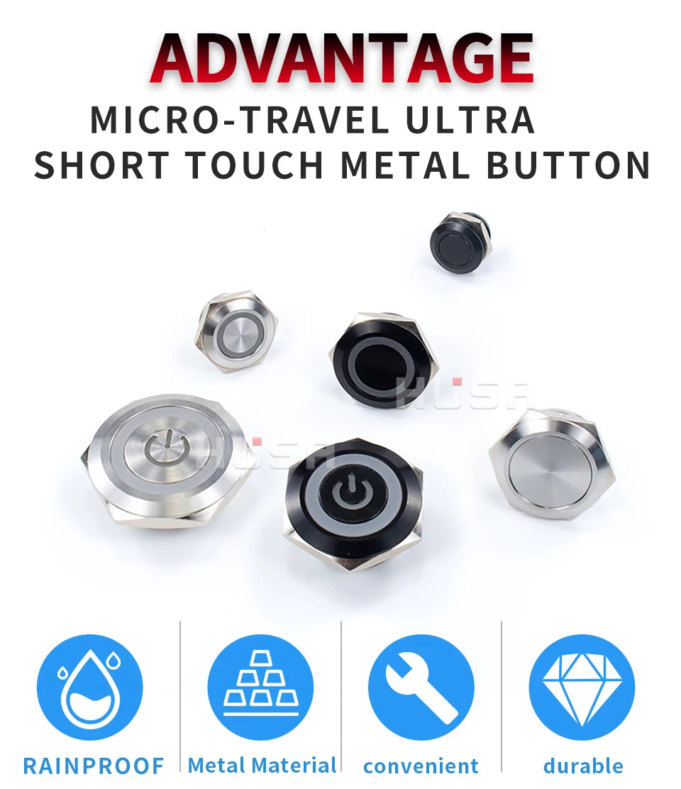 12/16/19/22/25/30mm Short Stroke Mini Waterproof Metal Push Button Switch Power Led Light Momentary 5/12/24/220V Black 1NO