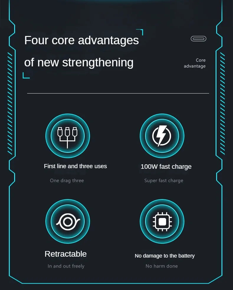 3 In 1 Retractable USB 100W Cable Fast Charging And Data Micro USB Type C For iphone6-14 Android Phone Xiaomi Huawei OPPO