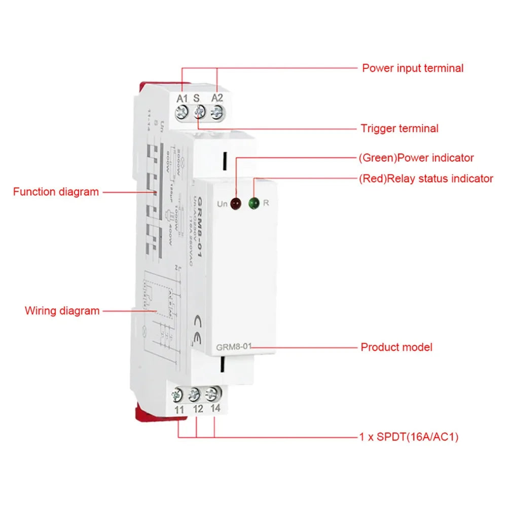 GRM8-01 Impulse Relay 35mm DIN Rail Mount AC/DC12-240V Electronic Impulse Relay 90*18*64mm Impulse Latching Relay