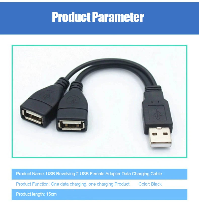 USB 1/2 to 1 Male/2 Female Three Head Data Cable 2-in-1 Dual Female Port Car Charging Extension Data Cable