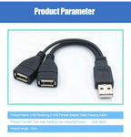 USB 1/2 to 1 Male/2 Female Three Head Data Cable 2-in-1 Dual Female Port Car Charging Extension Data Cable