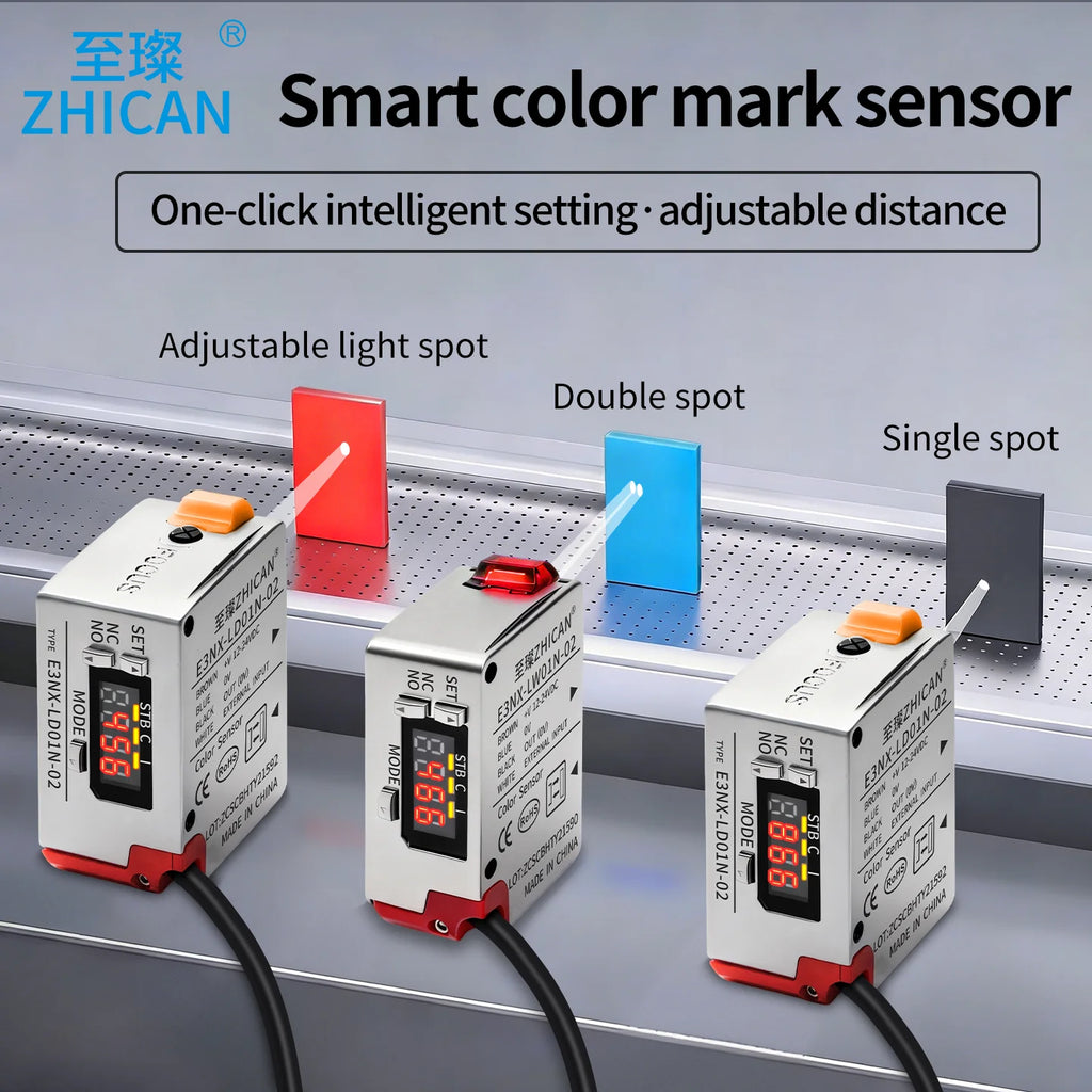 ZHICAN E3NX-L Color Mark Sensor 30-200mm Adjustable Sensing Distance High Precision Registration Detection Label Positioning