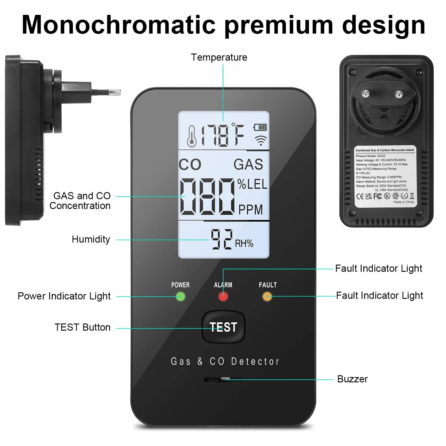 Natural Gas & Carbon Monoxide Detector, Plug in Carbon Monoxide Alarm,Propane,Methane,4-in-1 Combustible Gas & CO Detector Alarm
