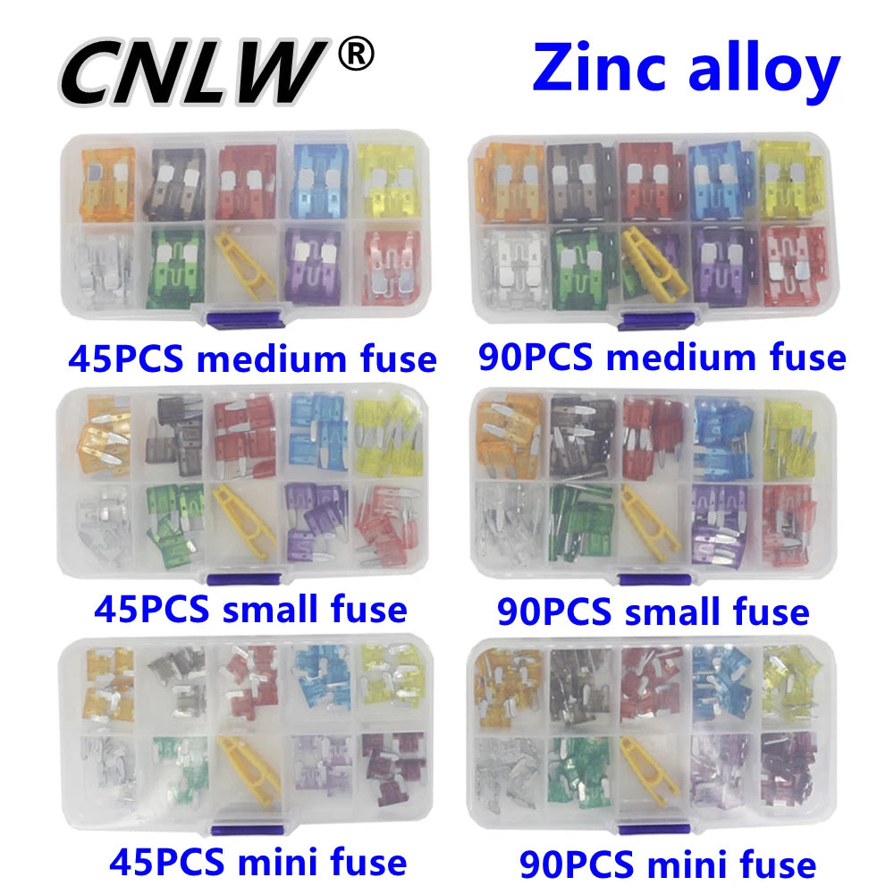 90/45PCS Car Fuse 5/7.5/10/15/20/25/30/35/40A Mini/Small/Medium 24V Automotive Blade Type Zinc Alloy Fuse with Box Clip