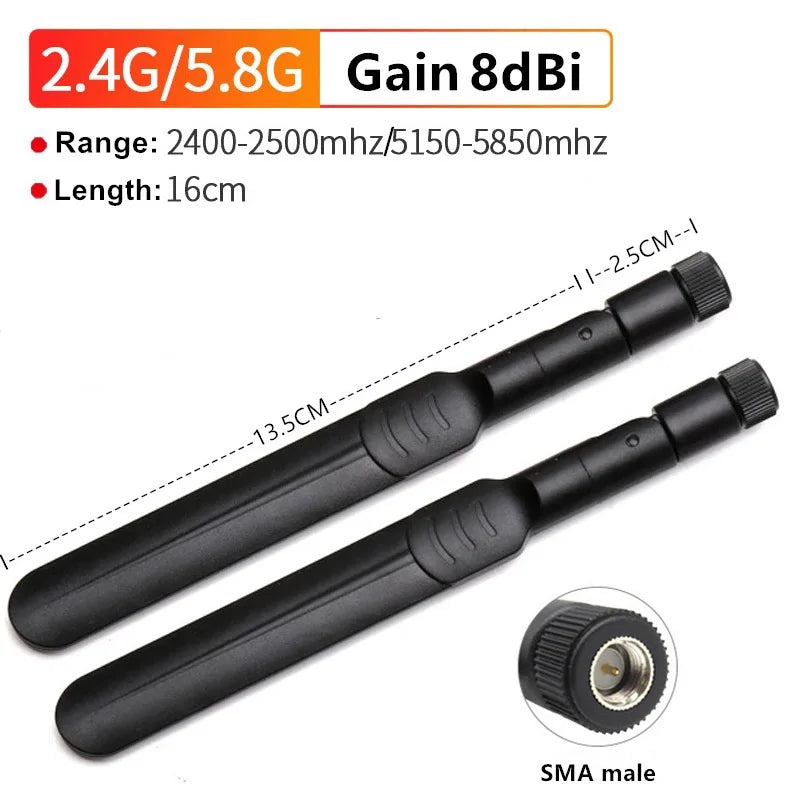 2 X 8dBi 2.4GHz 5.8GHz Dual Band WiFi Antenna RP-SMA Male +2 X 15CM I-P-E-X-1 to RP-SMA Female Pigtail Cable for Wireless Router