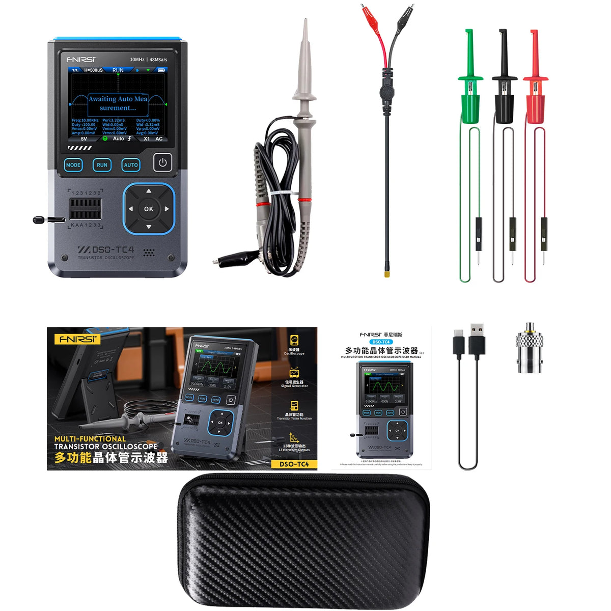 FNIRSI DSO-TC4 Upgrade 3 in 1 Digital Oscilloscope 10MHz 48Ms/s Transistor Tester Electronics Component Tester USB Charger Tools