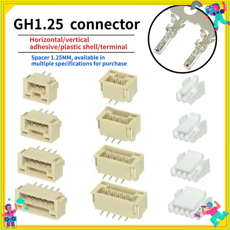100PCS   GH1.25 Locking Connector with Buckle  2 3 4 5 6 8p Horizontal/vertical Mounting  Rubber Shell  Terminal