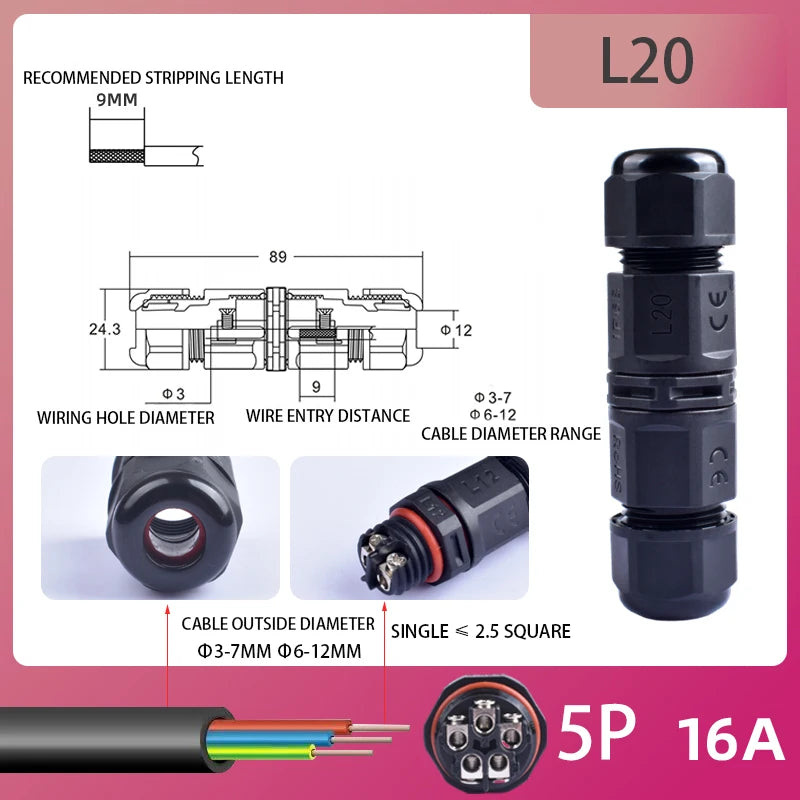 IP68 Waterproof Connector Outdoor LED Lighting Sealed Connector  Assembly Type Wire And Cable Quick Terminal Connector 2/3/4/5P