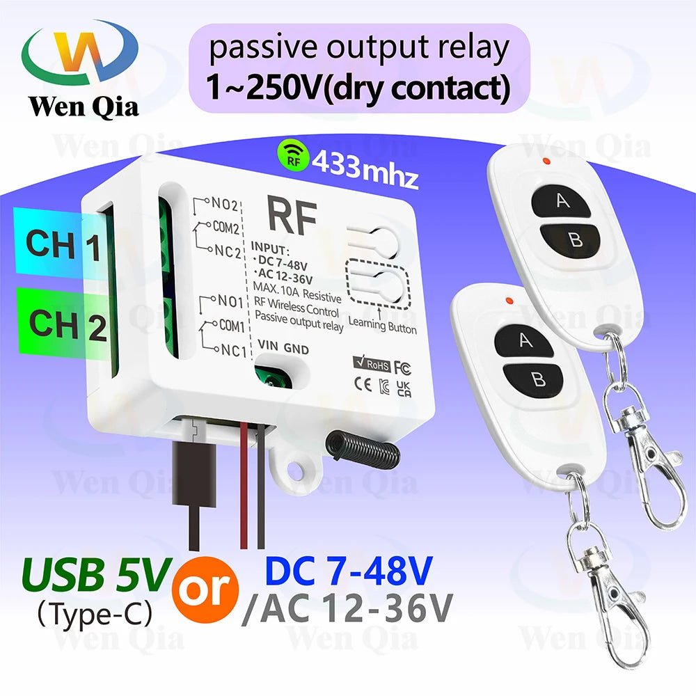 433MHz Wireless Remote Control Switch 2 CH DC 12V 24V 36V 48V Type-C 5V RF Relay Module for Light/Fan/Motor/Garage Door Opener