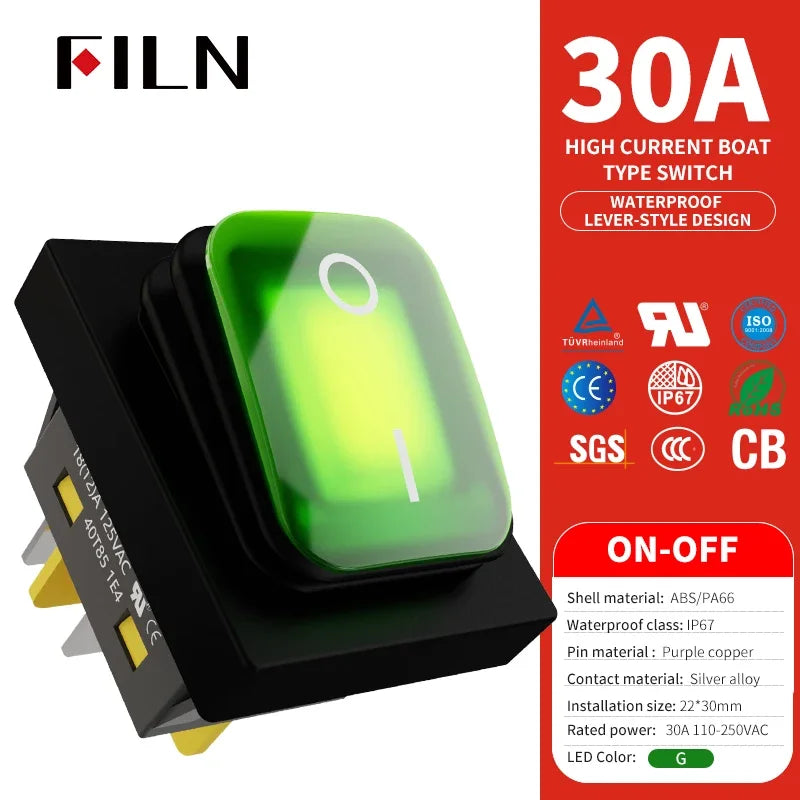 30A/250V Heavy Duty 4 Pin DPST IP67 Sealed Waterproof T85 Auto Boat Marine Toggle Rocker Switch with LED 12V 220V 30x22