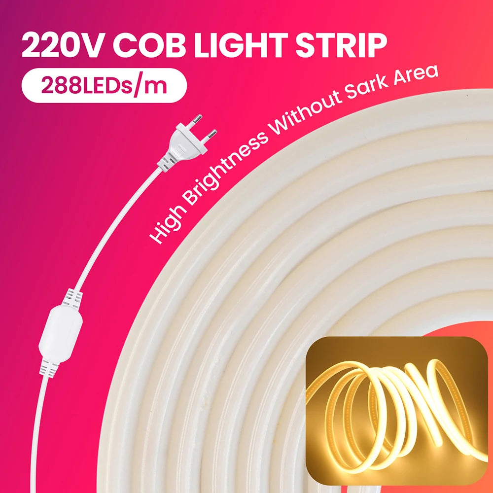 Dimmable 220V COB LED Neon Strip Light Switch Dimmer Power Kit 5m 10m 30m 3000K 4000K 6000K 288 LEDs Flex Tape 0.5m Waterproof